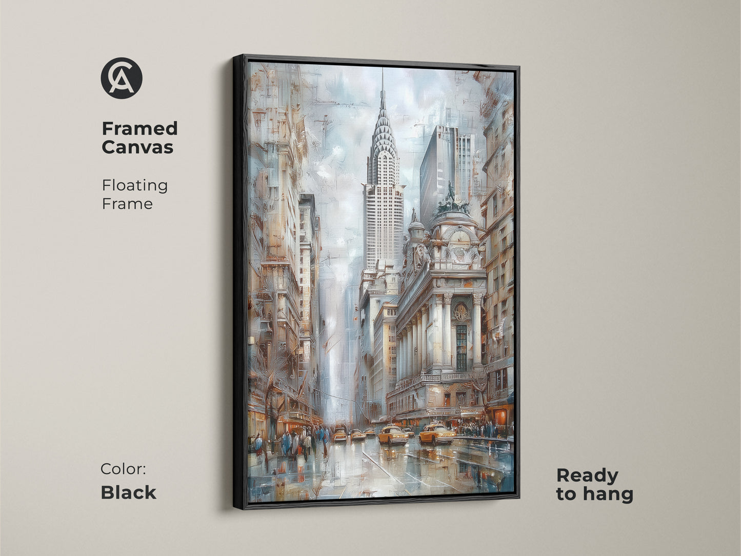 Framed canvas art featuring the Chrysler Building. This New York City skyline art is set in a sleek black floating frame. This contemporary artwork is ready to hang. The blue brown gray cityscape enhances any space.