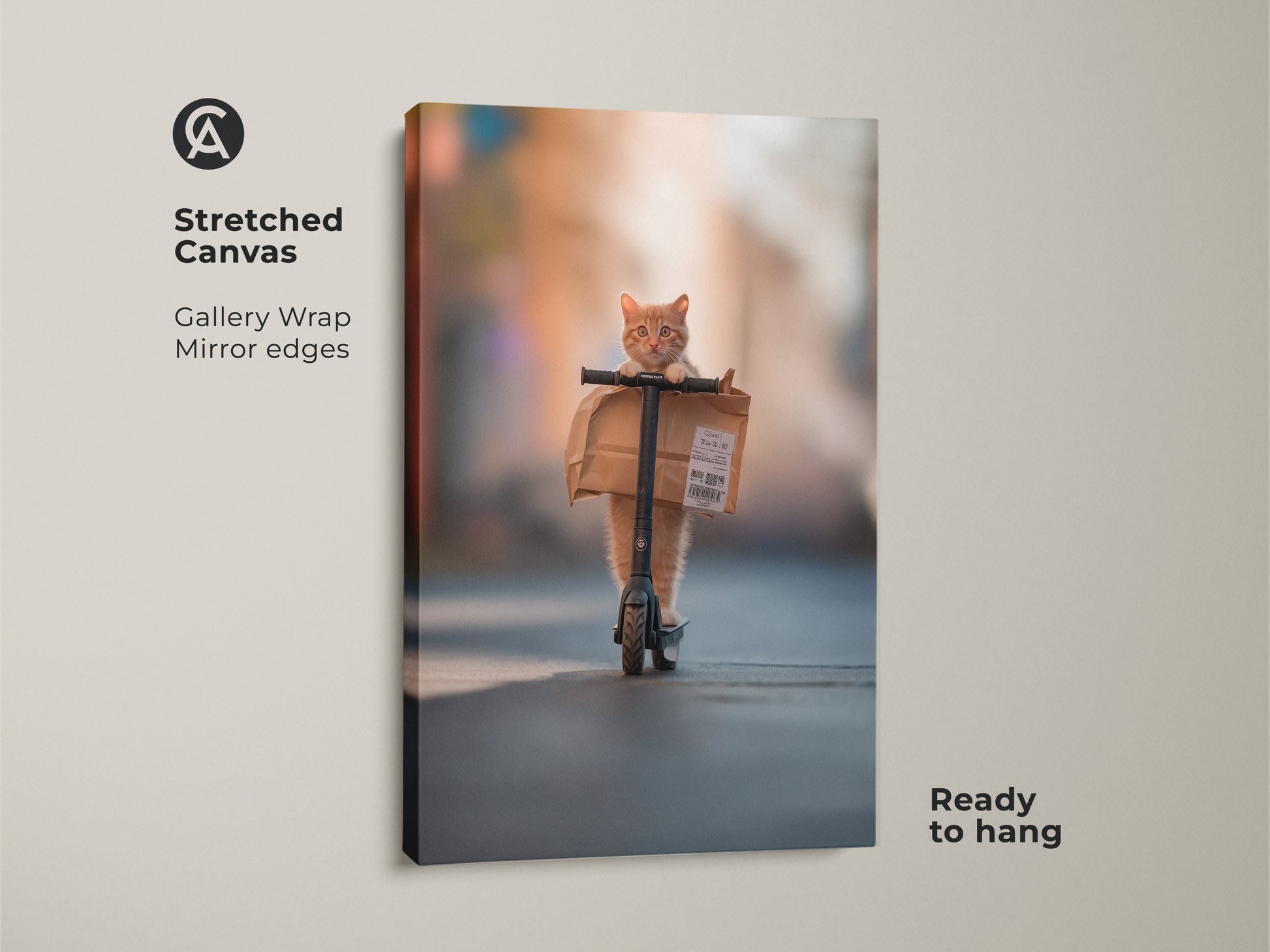 A stretched canvas print is displayed. This gallery-wrapped artwork shows a ginger cat on a scooter. The canvas has mirror edges. This unique cat art is ready to hang.