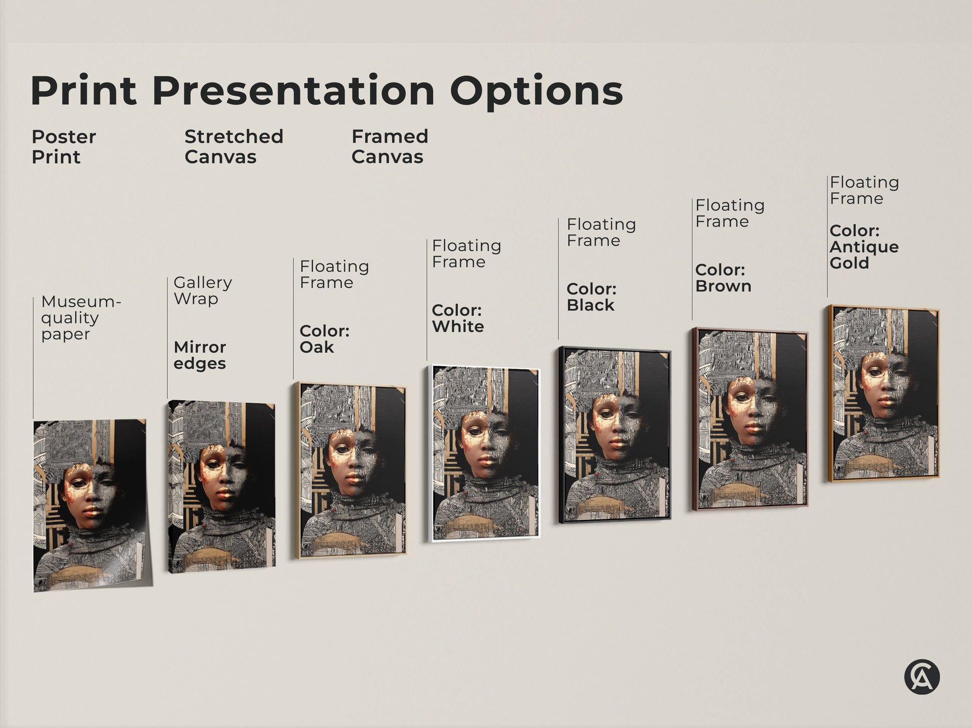 Print Presentation Options featuring the Abstract Gold Woman Art Print. Options include poster stretched and framed canvas. Each piece of Afrofuturism portrait showcases the eclectic mixed media artwork with black white and gold.