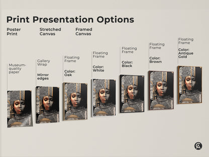 Print Presentation Options featuring the Abstract Gold Woman Art Print. Options include poster stretched and framed canvas. Each piece of Afrofuturism portrait showcases the eclectic mixed media artwork with black white and gold.