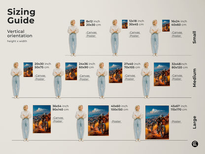 This is a sizing guide for vertical canvas and poster prints. It ranges from small to large sizes. Perfect for selecting the ideal dimensions for your mountain biker wall art.