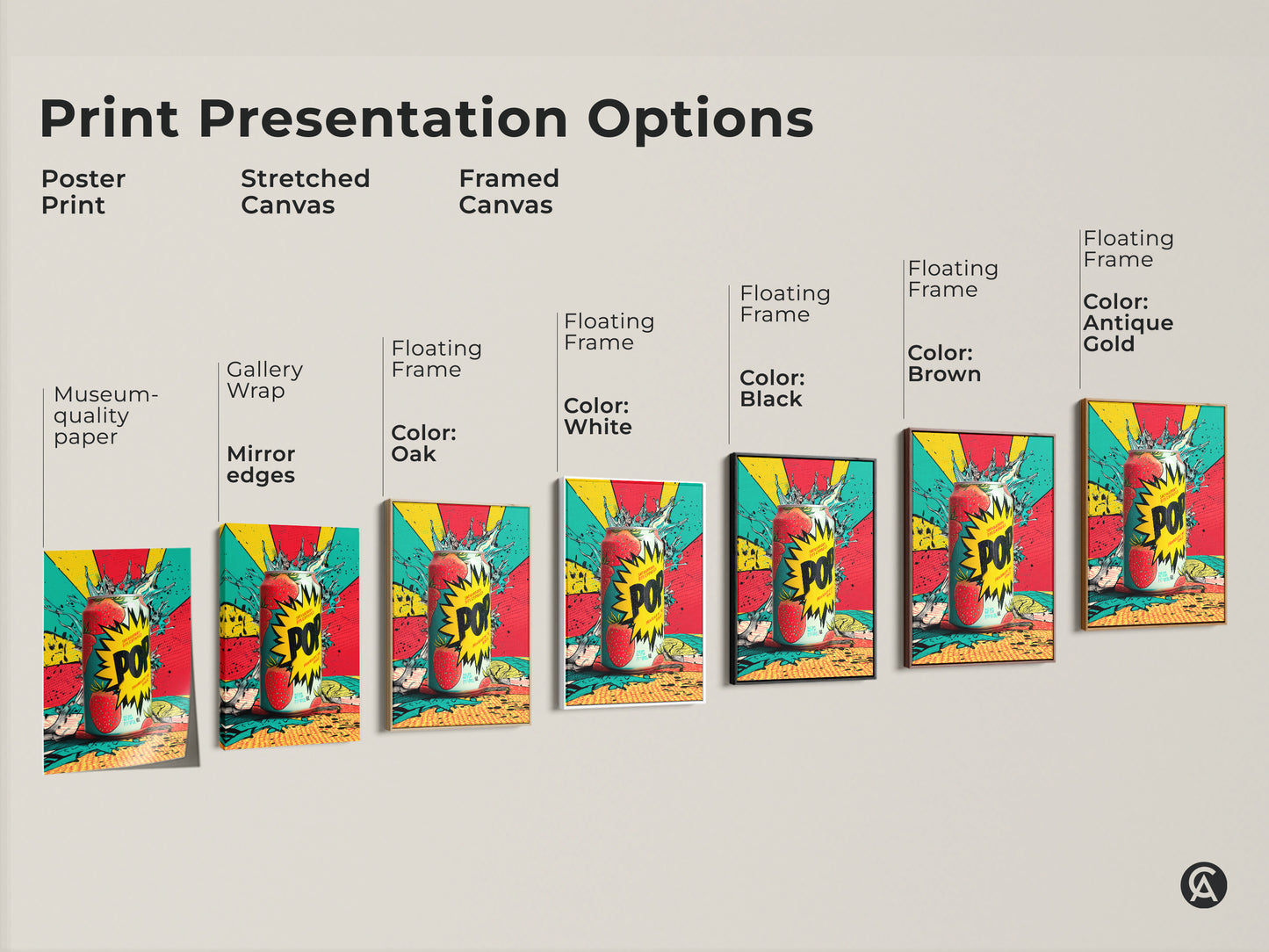 Explore print presentation options for the strawberry soda can artwork. Choose from poster prints stretched canvas or framed canvas. Each option enhances the vibrant colors and pop art style. Find the perfect fit for your decor.