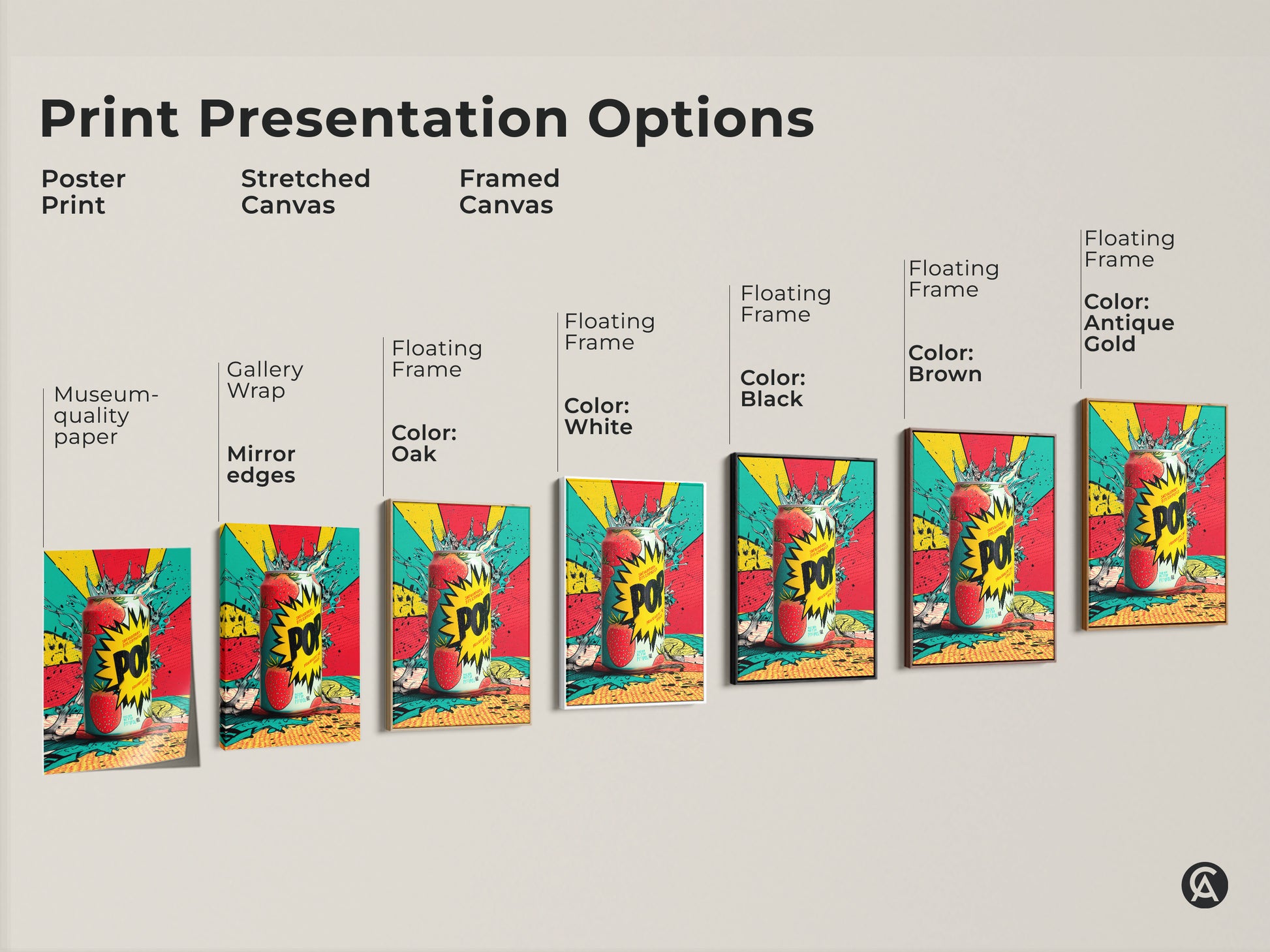 Explore print presentation options for the strawberry soda can artwork. Choose from poster prints stretched canvas or framed canvas. Each option enhances the vibrant colors and pop art style. Find the perfect fit for your decor.