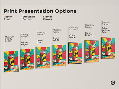 Explore print presentation options for the strawberry soda can artwork. Choose from poster prints stretched canvas or framed canvas. Each option enhances the vibrant colors and pop art style. Find the perfect fit for your decor.