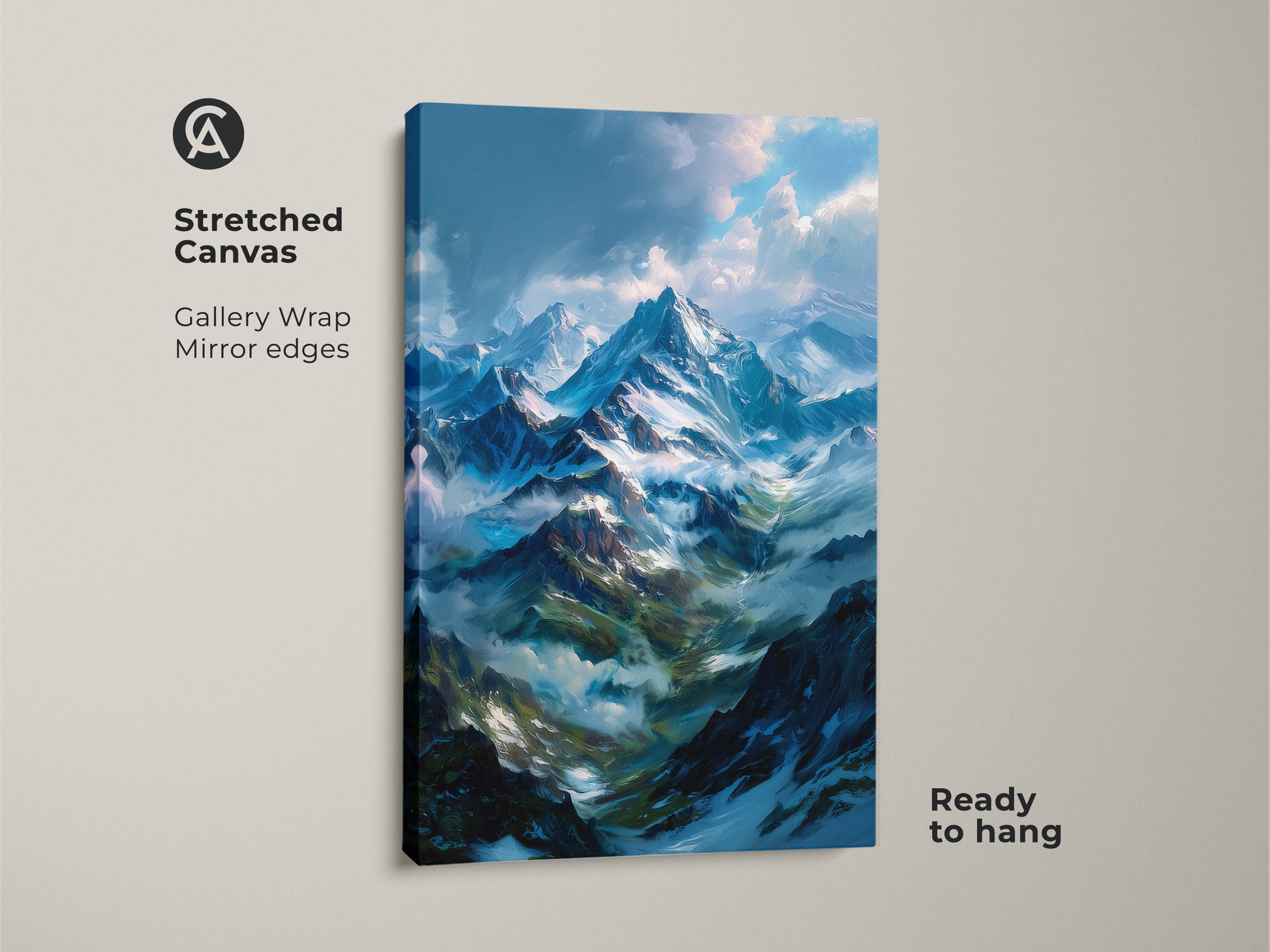 Stretched canvas mountain artwork. The gallery wrapped canvas features mirror edges. The painting shows snow-capped mountains and a cloudy sky. This art is ready to hang. A perfect piece for home decor.