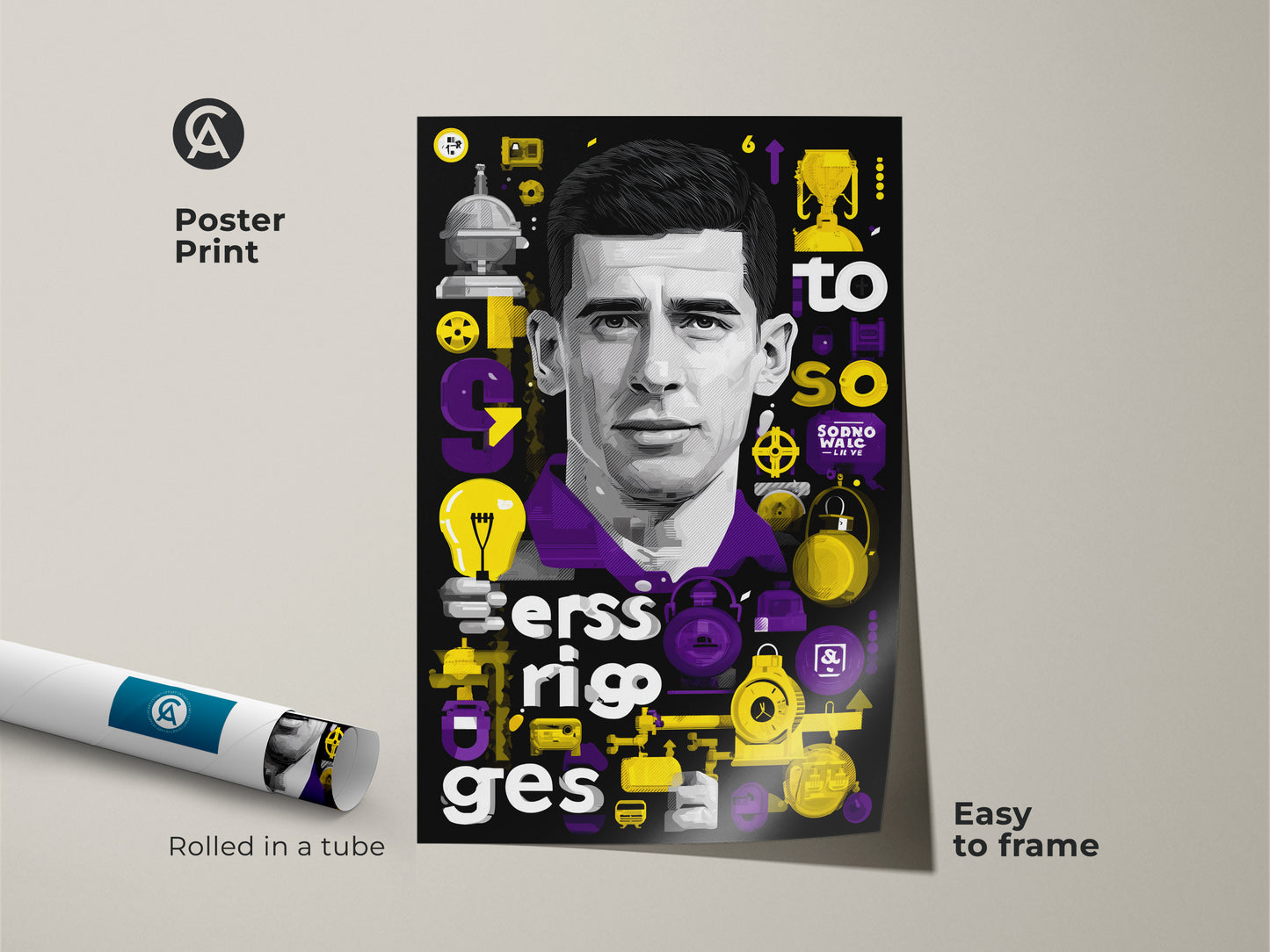 This modern man portrait is purple and yellow. It is graphic canvas print. The poster print is easy to frame. This typography art decor is an inspiration. Contemporary man portrait on poster is rolled in tube.