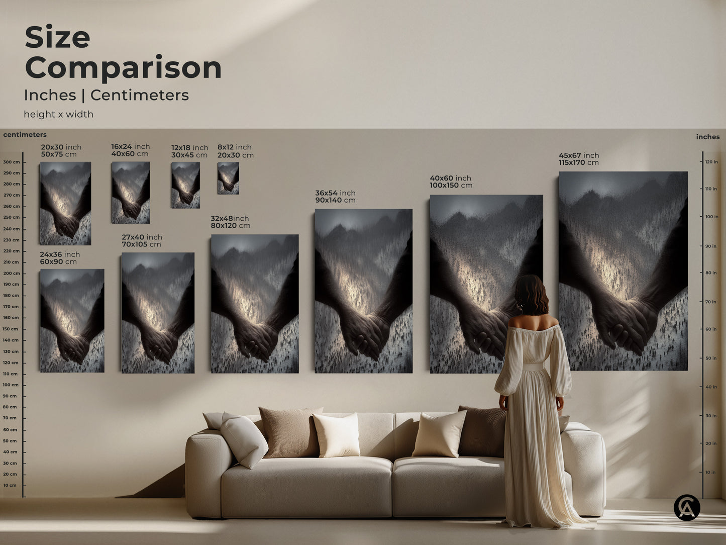 Size comparison of monochrome couple art in various dimensions. A woman stands near a couch. It allows you to visualize the scale of each piece. Perfect for choosing the right size for your living room. It is a great symbolic anniversary gift.