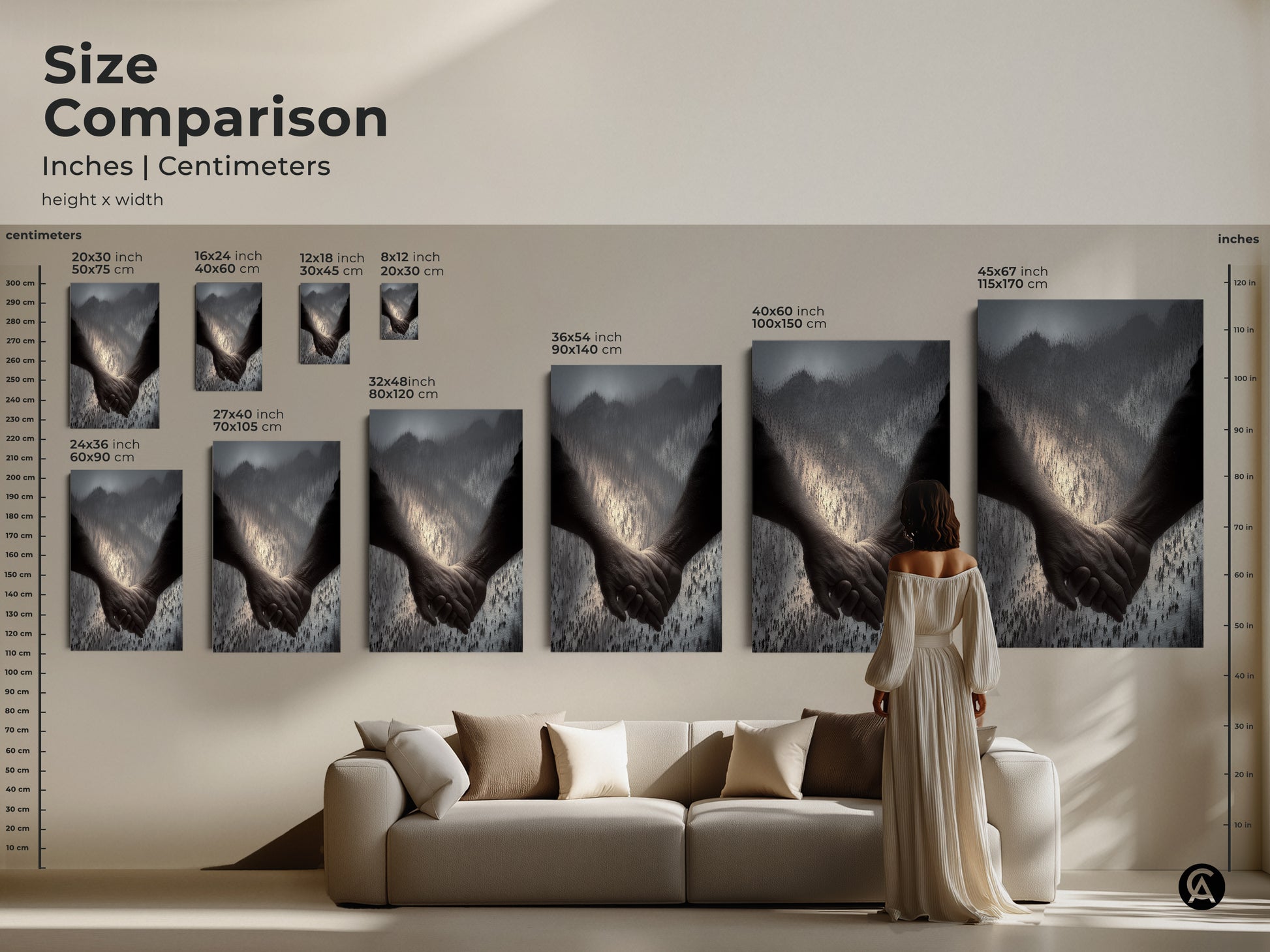 Size comparison of monochrome couple art in various dimensions. A woman stands near a couch. It allows you to visualize the scale of each piece. Perfect for choosing the right size for your living room. It is a great symbolic anniversary gift.
