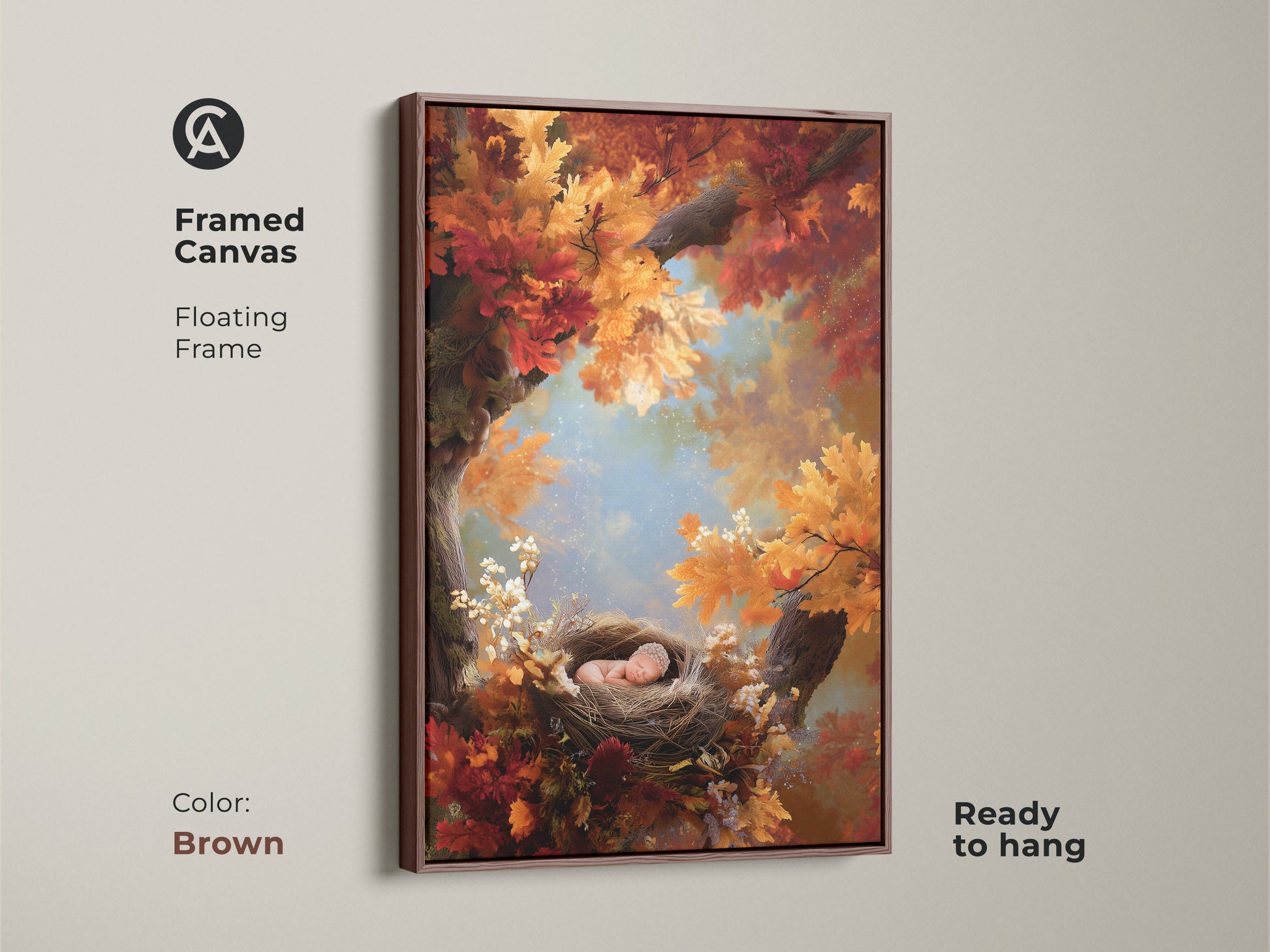 Framed canvas art with a brown floating frame. A baby sleeps peacefully in a nest. The surrounding tree has colorful autumn leaves. Ready to hang this artwork brings a touch of nature indoors. The perfect art for a nursery.
