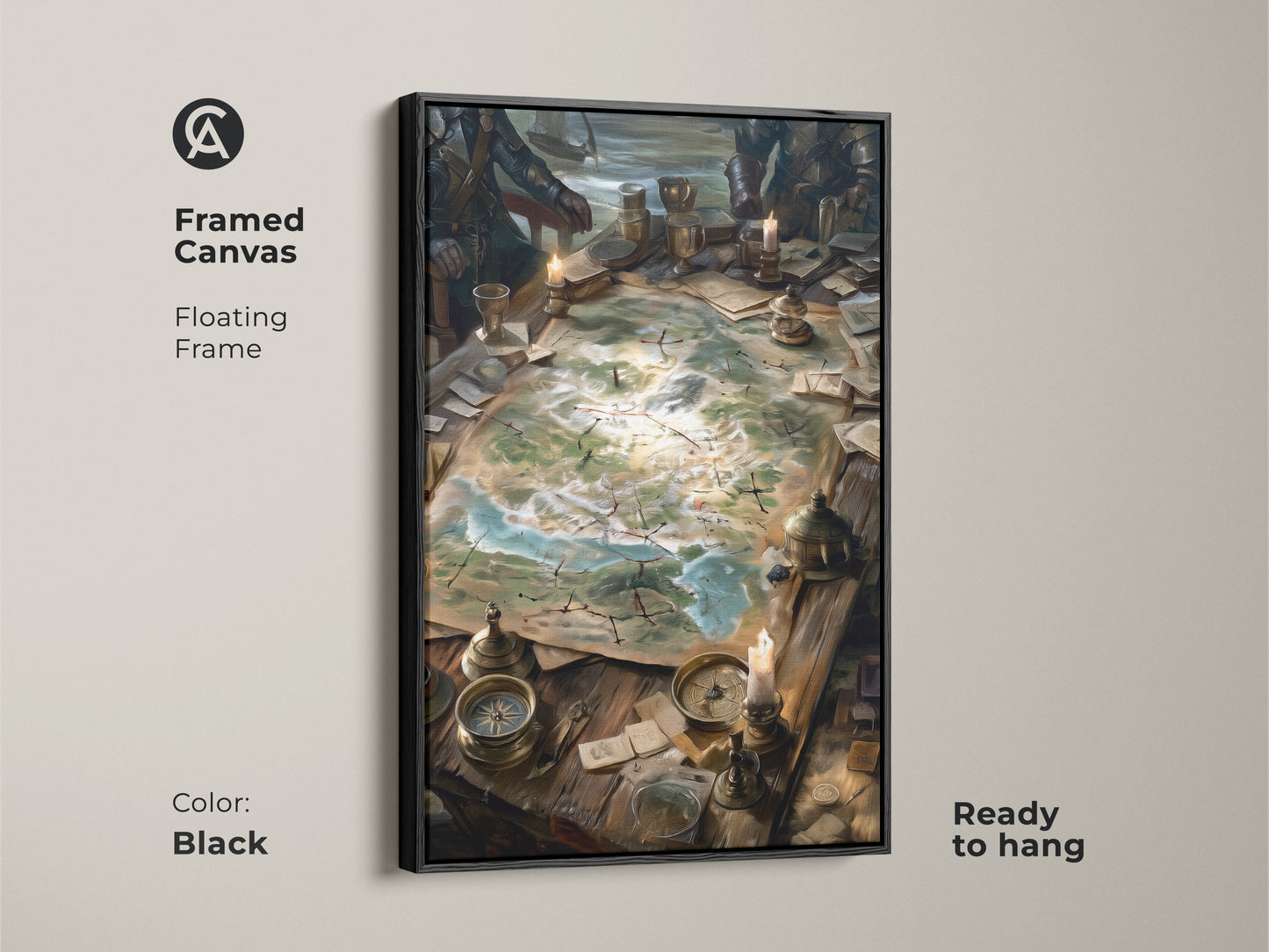 Framed canvas featuring a strategy meeting in a fantasy setting. The artwork showcases a map surrounded by leaders. The canvas is set in a sleek black floating frame. Ready to hang this framed art adds sophistication to your home.