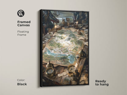 Framed canvas featuring a strategy meeting in a fantasy setting. The artwork showcases a map surrounded by leaders. The canvas is set in a sleek black floating frame. Ready to hang this framed art adds sophistication to your home.