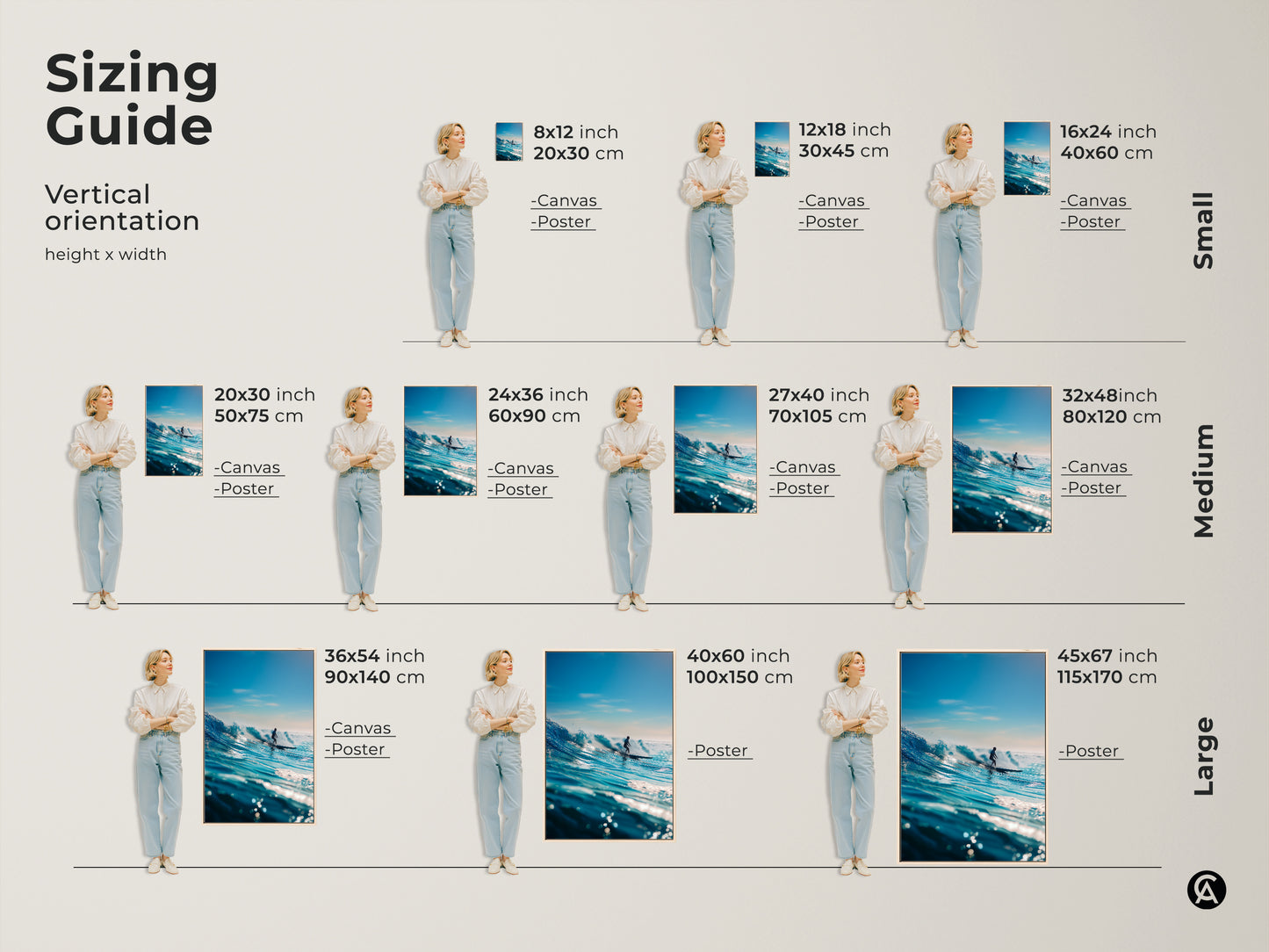 Visualize artwork sizes with this vertical orientation guide. See how canvas and poster prints fit in different spaces. Featuring a surfer riding a majestic blue wave. Choose from small medium or large sizes to perfectly complement your wall.