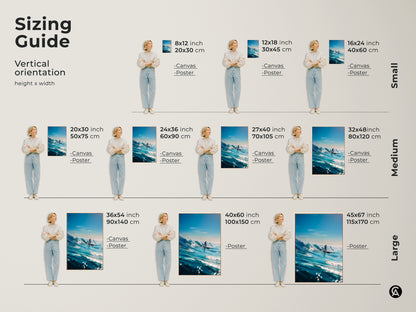 Visualize artwork sizes with this vertical orientation guide. See how canvas and poster prints fit in different spaces. Featuring a surfer riding a majestic blue wave. Choose from small medium or large sizes to perfectly complement your wall.