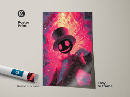 This poster print displays a unique character artwork. The art features a figure with glowing red eyes and a top hat. Rolled in a tube this museum-quality paper print is easy to frame and hang.