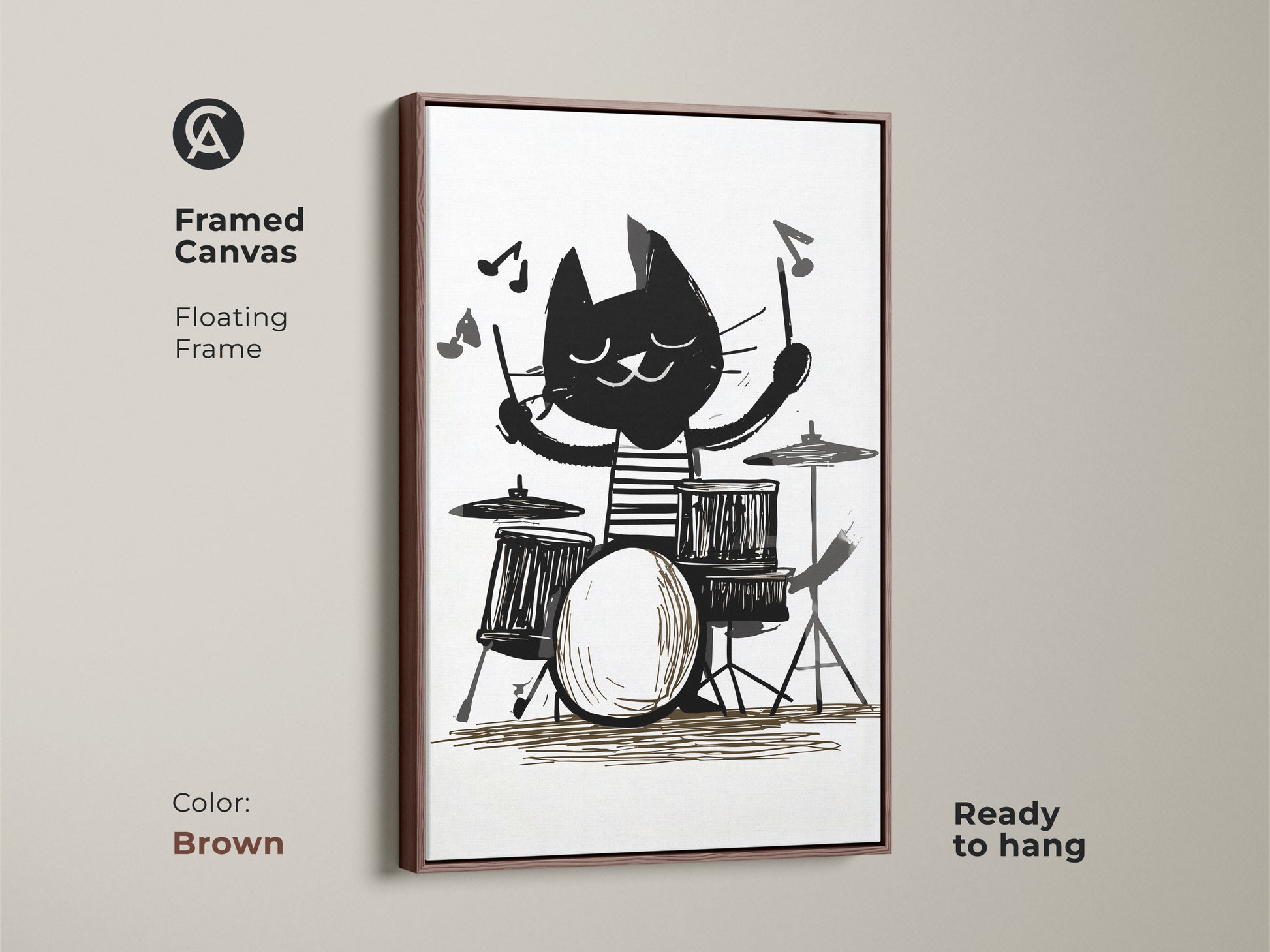 Framed Canvas with a cat playing drums. Brown color floating frame. Black and white cat art print is a music lover gift. Ideal kids room animal decor. Eclectic home art is ready to hang.