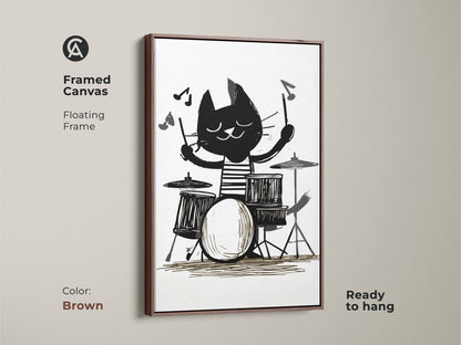 Framed Canvas with a cat playing drums. Brown color floating frame. Black and white cat art print is a music lover gift. Ideal kids room animal decor. Eclectic home art is ready to hang.