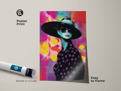 Poster print of an abstract pop art fashion portrait. The colorful artwork features a chic woman with a hat. Easy to frame vibrant color art print. Rolled in a tube for stylish living room decor.