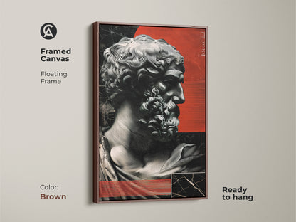 This framed canvas showcases red abstract sculpture wall art with a brown frame. The marble bust print adds classical art. The eclectic home decor choice is a great art lover gift idea.