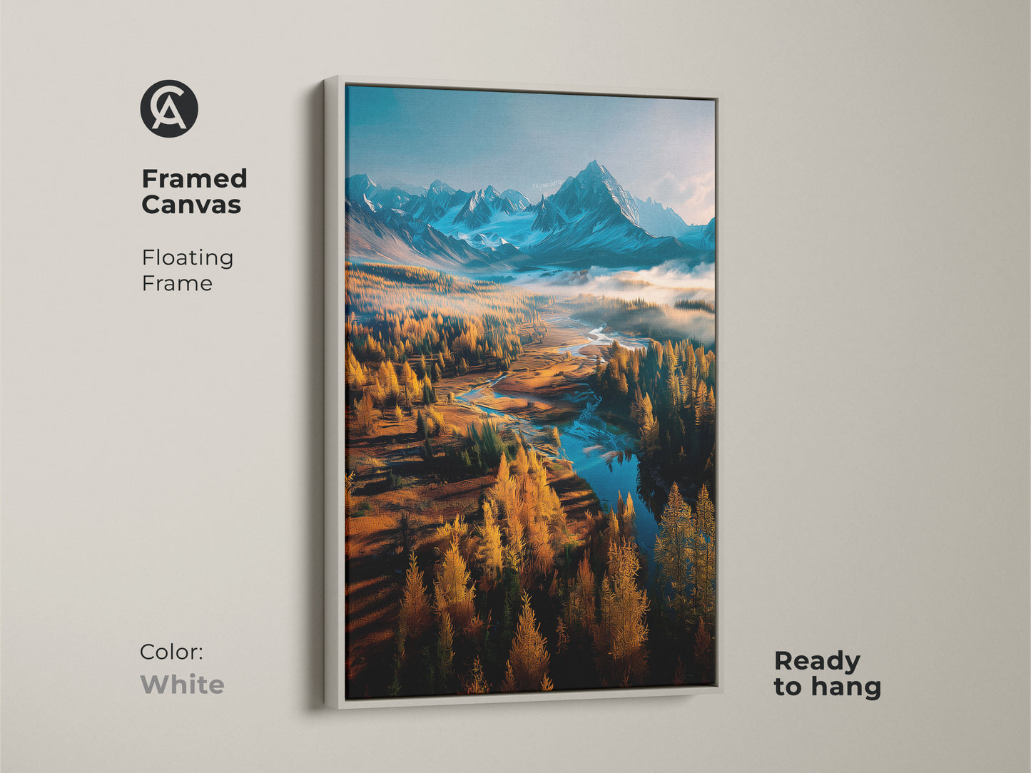 Framed canvas art featuring a white floating frame. The mountain landscape includes golden trees. A winding river and snow-capped mountains create a stunning view. Ready to hang this art piece enhances any room. Buy wall art now.