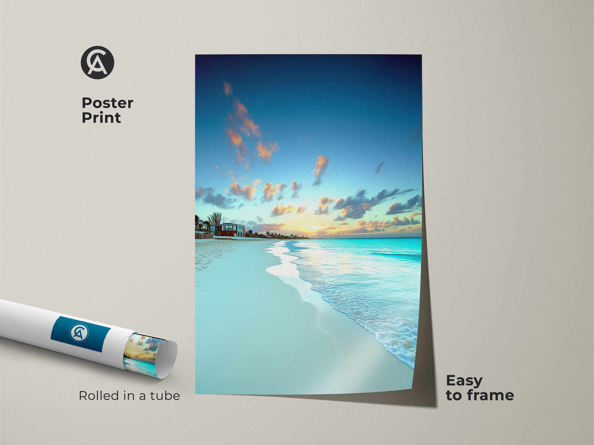 Poster print displays a coastal landscape art print of a sunset beach. Photorealistic ocean decor shows sky blue yellow canvas art. Easy to frame for living room art.