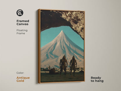 Antique Gold framed canvas art of tribal warriors. Displayed is a surreal fantasy landscape. This earth tones artwork is unique office decor. A mountain peak scene art with a tribal hunter. A gift for eclectic home decor. It is ready to hang.