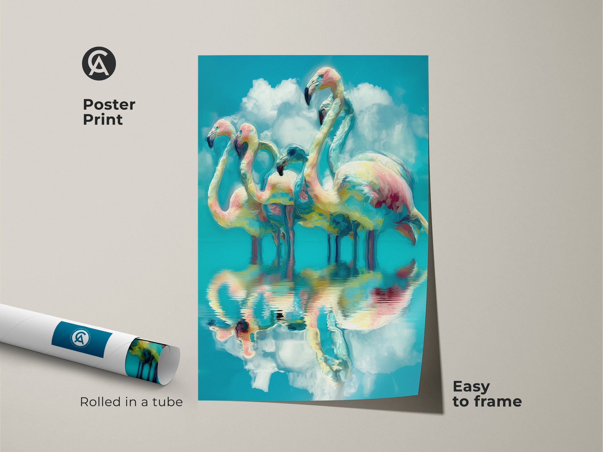 Poster print of abstract flamingo artwork rolled in a tube. This makes it easy to frame. The tropical bird art features teal and pink colors. The art is ideal for eclectic home decor and bird enthusiasts.