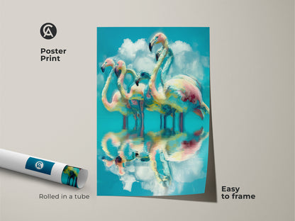 Poster print of abstract flamingo artwork rolled in a tube. This makes it easy to frame. The tropical bird art features teal and pink colors. The art is ideal for eclectic home decor and bird enthusiasts.