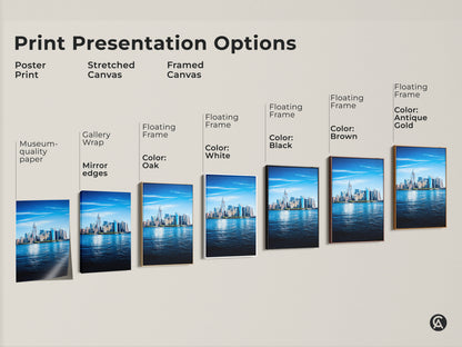 Print presentation options featuring the New York City skyline. Choose from poster print stretched canvas or framed canvas. Each option displays the photorealistic NYC cityscape art. Find the perfect style for your modern home decor.