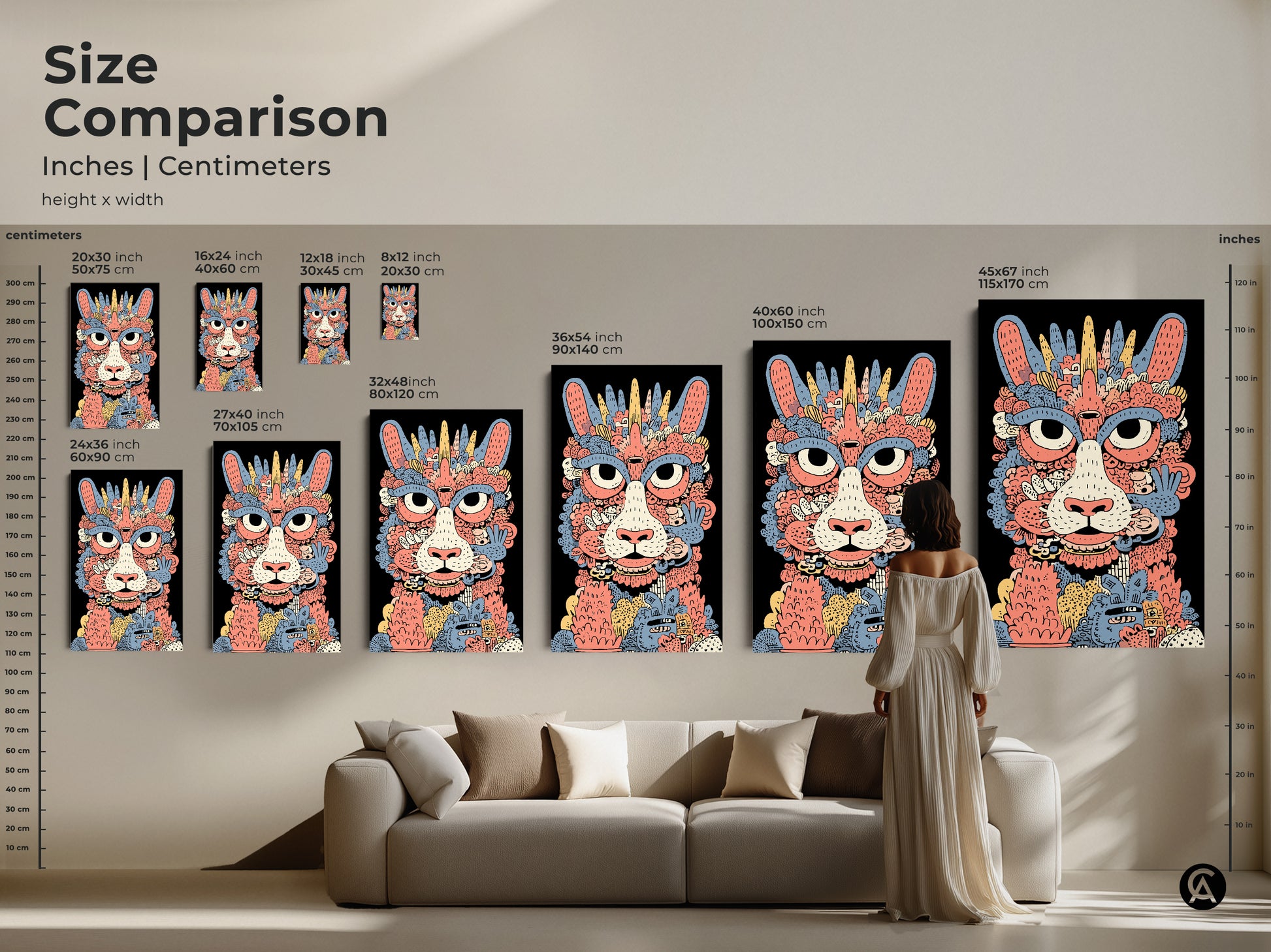 Size comparison of whimsical cat monster art prints.  See how each size fits in a living room setting.  From small to large canvases and posters this abstract doodle adds character. Perfect coral yellow and blue art for any eclectic space.