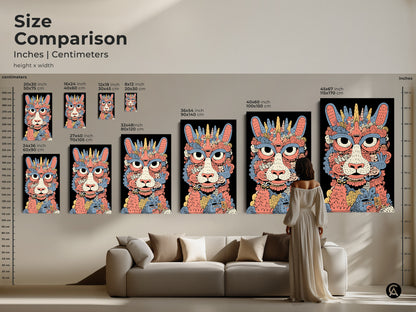 Size comparison of whimsical cat monster art prints.  See how each size fits in a living room setting.  From small to large canvases and posters this abstract doodle adds character. Perfect coral yellow and blue art for any eclectic space.