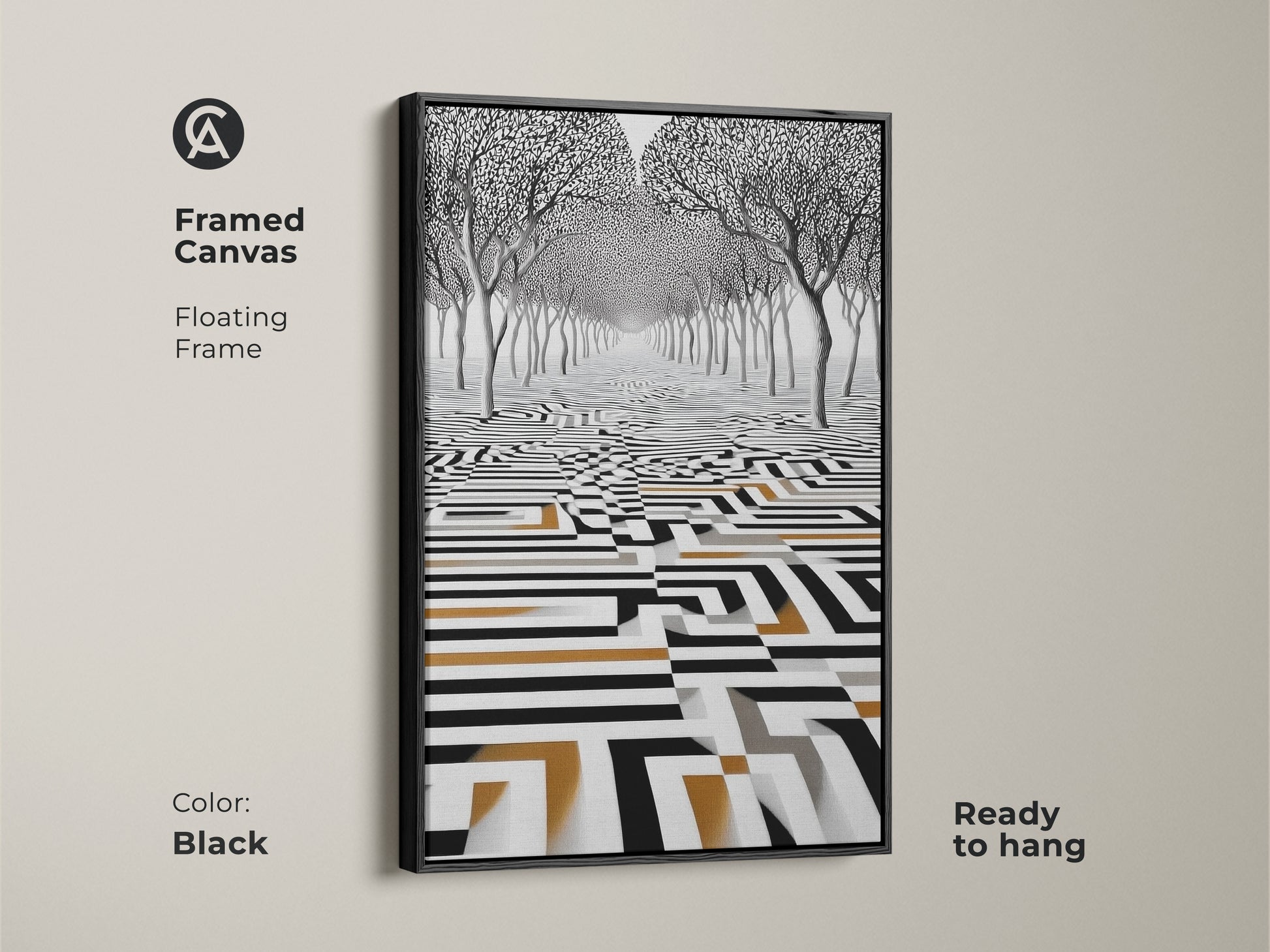 Framed canvas featuring surreal trees and an abstract geometric maze. The black floating frame enhances this monochrome art with gold accents. Ready to hang this contemporary piece adds a captivating focal point to any room.