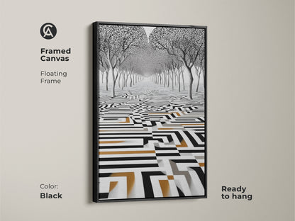 Framed canvas featuring surreal trees and an abstract geometric maze. The black floating frame enhances this monochrome art with gold accents. Ready to hang this contemporary piece adds a captivating focal point to any room.