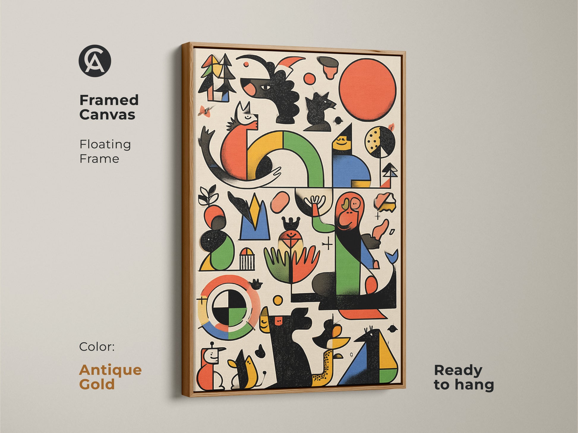 Framed canvas in antique gold displaying Mid-Century Modern artwork. Abstract geometric shapes form a dog and bird. This Bauhaus style art is ready to hang. Floating frame enhances the vibrant red orange and green.