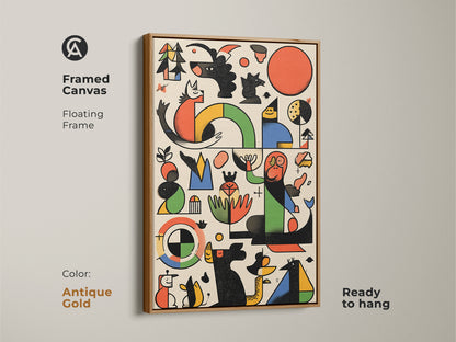 Framed canvas in antique gold displaying Mid-Century Modern artwork. Abstract geometric shapes form a dog and bird. This Bauhaus style art is ready to hang. Floating frame enhances the vibrant red orange and green.