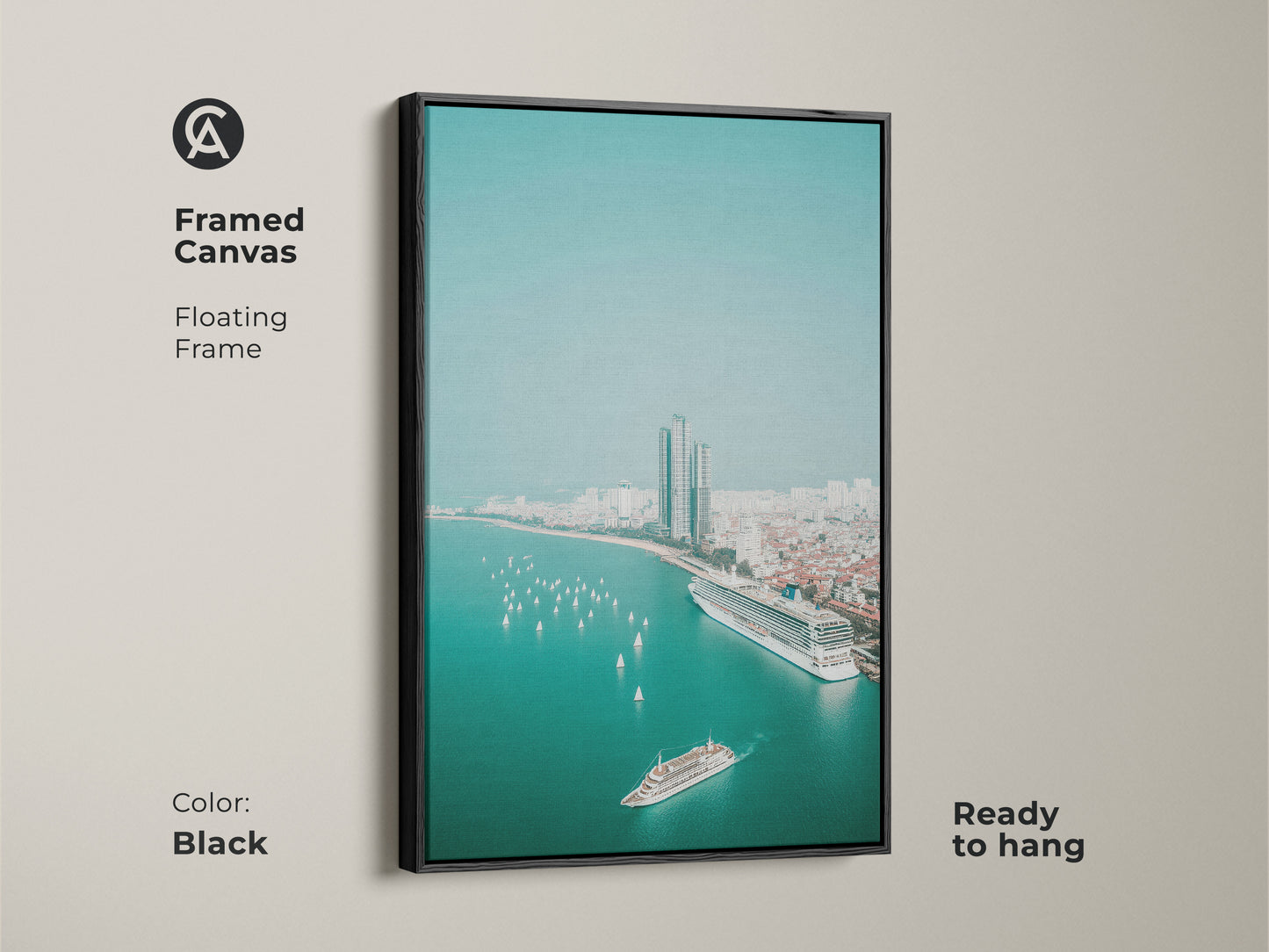 Framed canvas with a black floating frame features aerial cruise ship wall art. The teal ocean cityscape includes sailboats and a modern city view. This contemporary artwork is ready to hang and ideal for living room canvas decor.