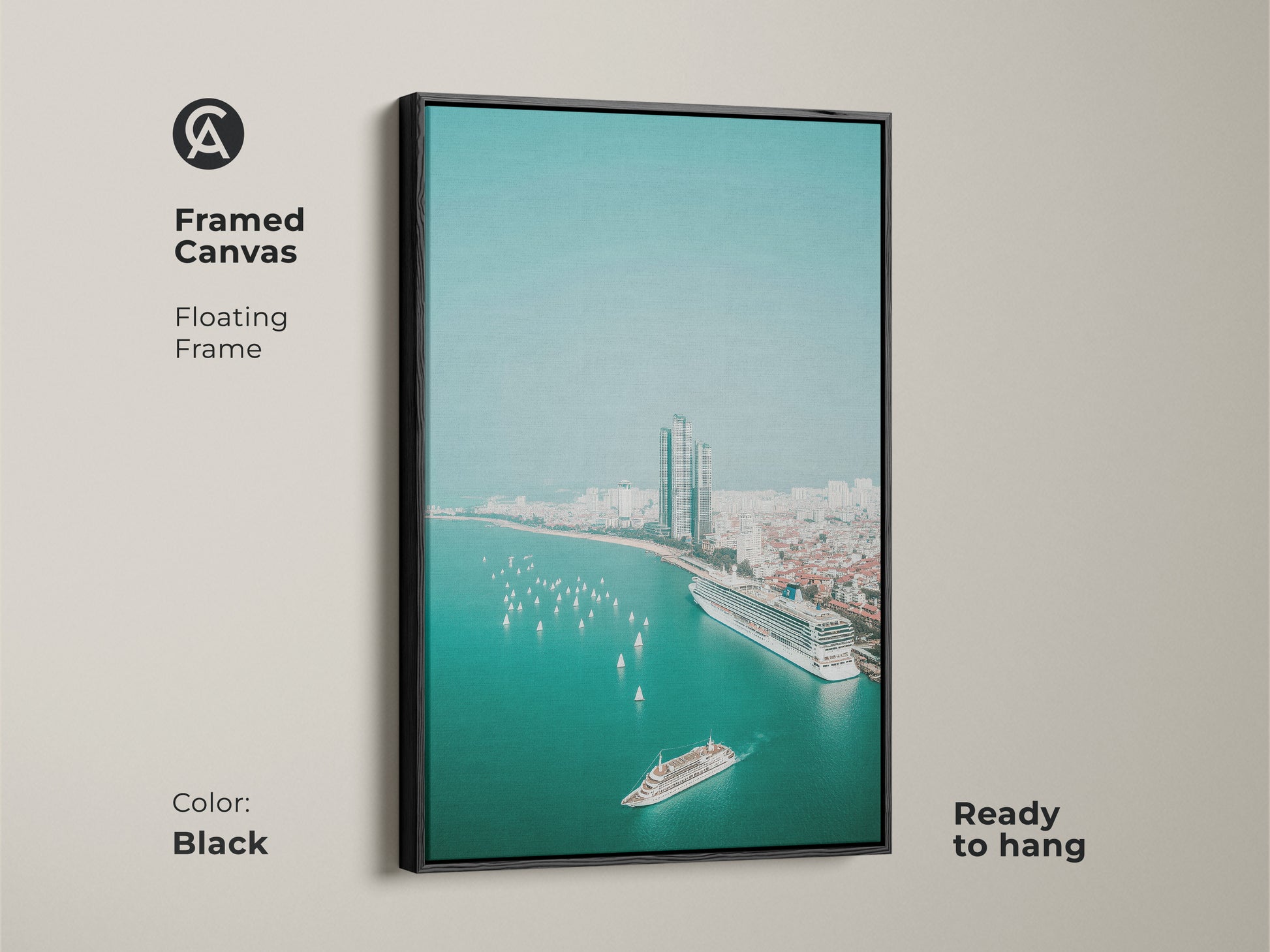 Framed canvas with a black floating frame features aerial cruise ship wall art. The teal ocean cityscape includes sailboats and a modern city view. This contemporary artwork is ready to hang and ideal for living room canvas decor.