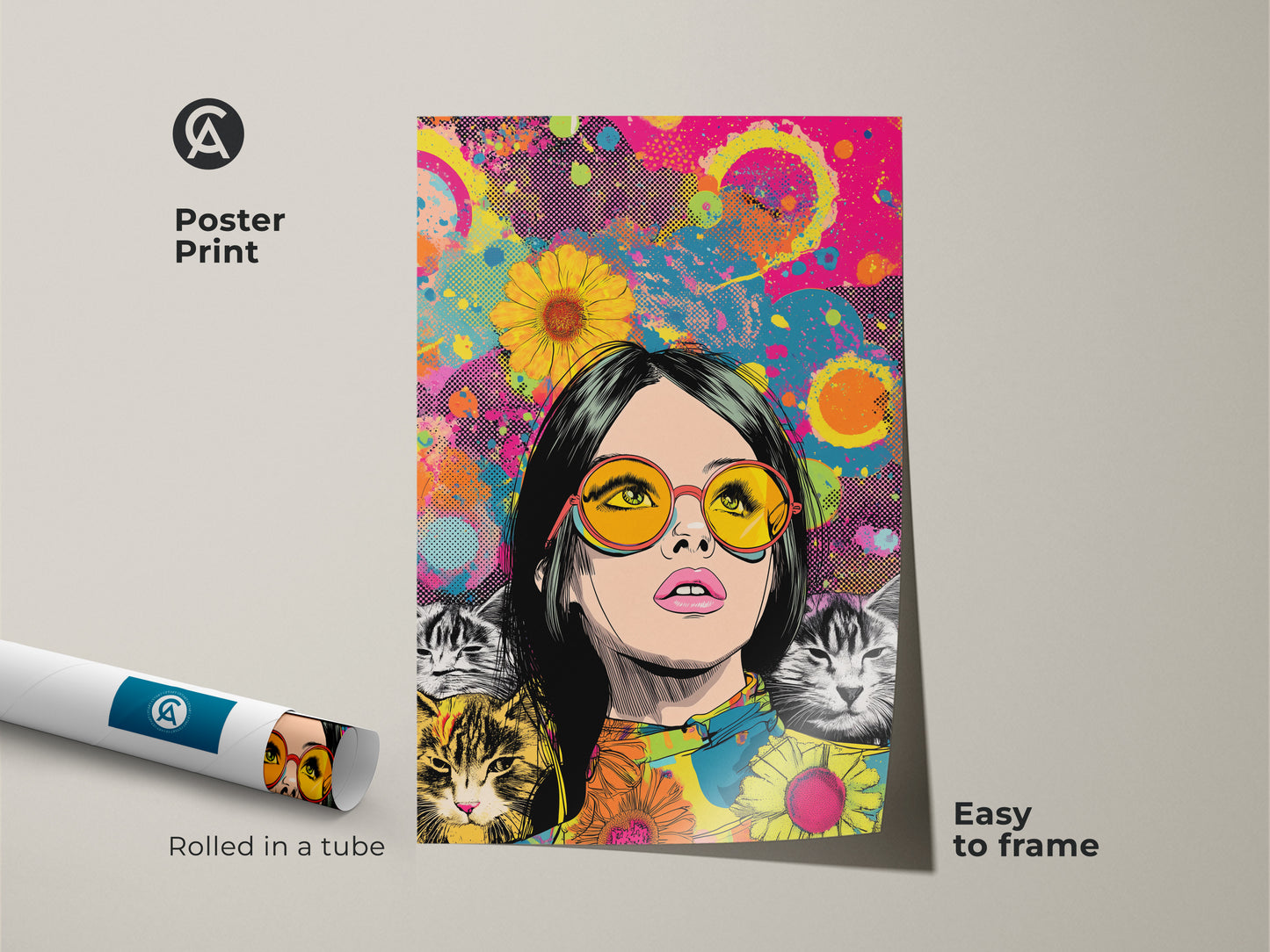 Poster print showcasing a pop art woman with cats. This retro cat lover gift is easy to frame. The eclectic wall art print adds charm to any room. Its hot pink yellow teal colors make it a vibrant piece. Ideal bedroom decor for her or a birthday gift. The modern pop art poster has a quirky cat wall decor vibe.