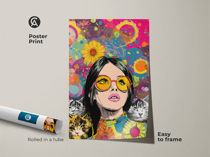 Poster print showcasing a pop art woman with cats. This retro cat lover gift is easy to frame. The eclectic wall art print adds charm to any room. Its hot pink yellow teal colors make it a vibrant piece. Ideal bedroom decor for her or a birthday gift. The modern pop art poster has a quirky cat wall decor vibe.