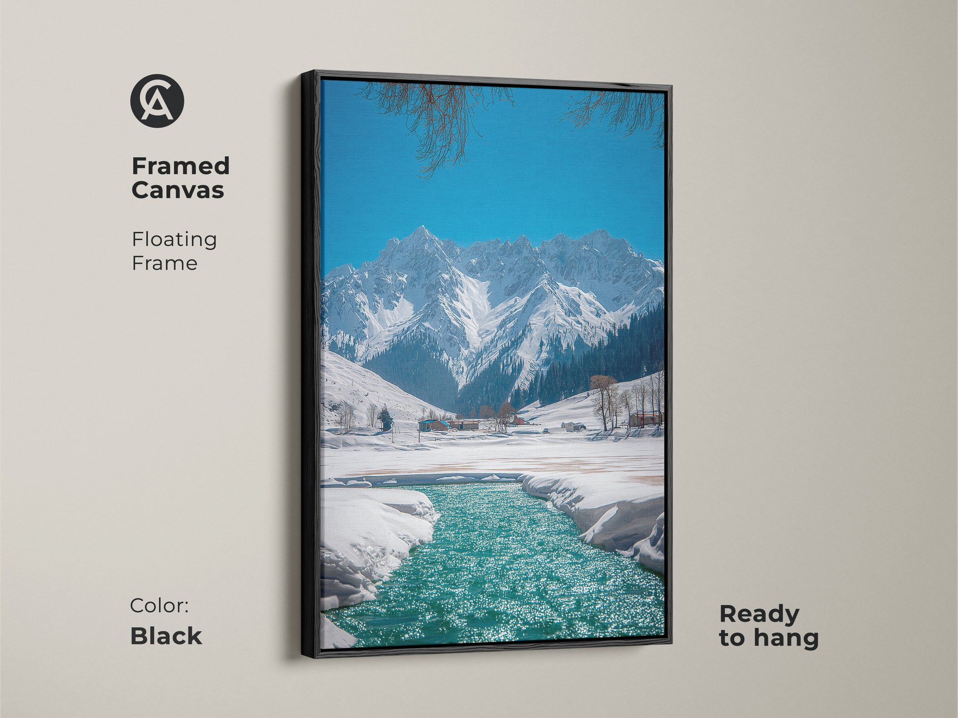 Framed canvas presents a stunning winter mountain landscape art with a black floating frame. Ready to hang snowy river canvas print for rustic nature wall decor. A gift idea for outdoor enthusiasts featuring a blue teal landscape painting.