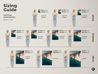 Sizing guide for vertical ocean cliff canvas and poster art. Options range from small 8x12 to large 45x67 inches. Find the perfect coastal landscape photography print.