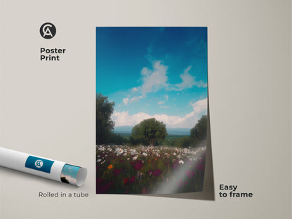 Impressionistic wildflower art presented as a poster print. This sky blue nature print is easy to frame. The boho landscape canvas adds aesthetic nature artwork to any wall. Rolled in a tube for protection
