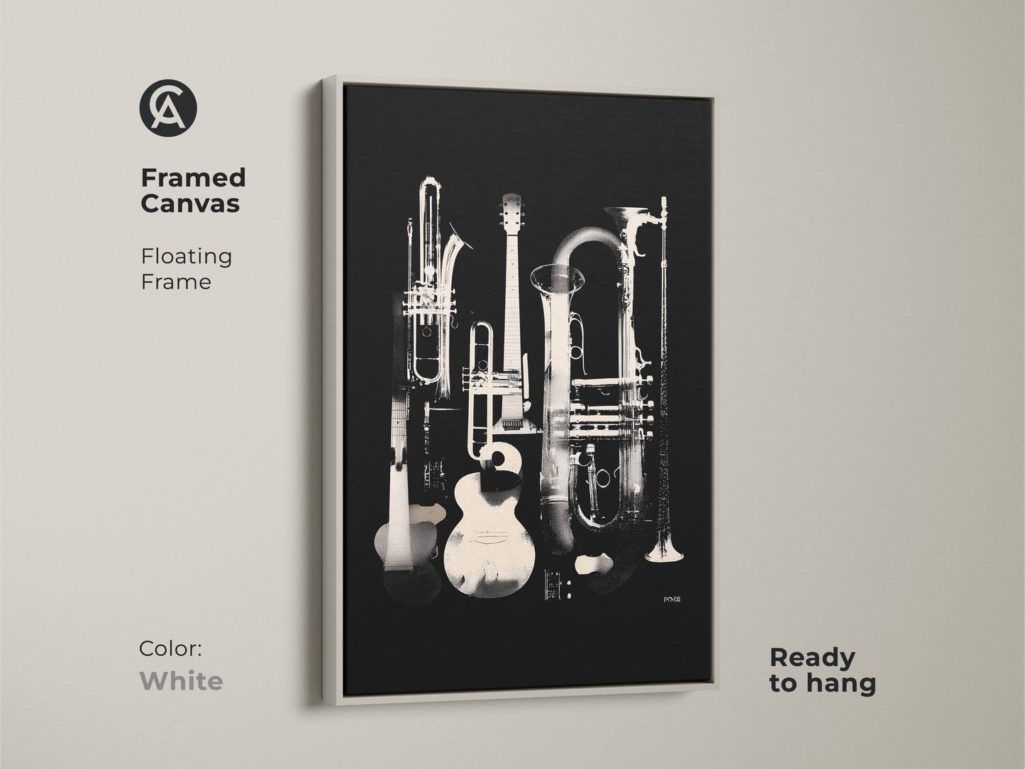 White framed canvas art featuring musical instruments. This artwork showcases a guitar trumpet tuba and clarinet. The instruments are arranged in a still life composition. This framed canvas is ready to hang. Bring a musical vibe to your living space.