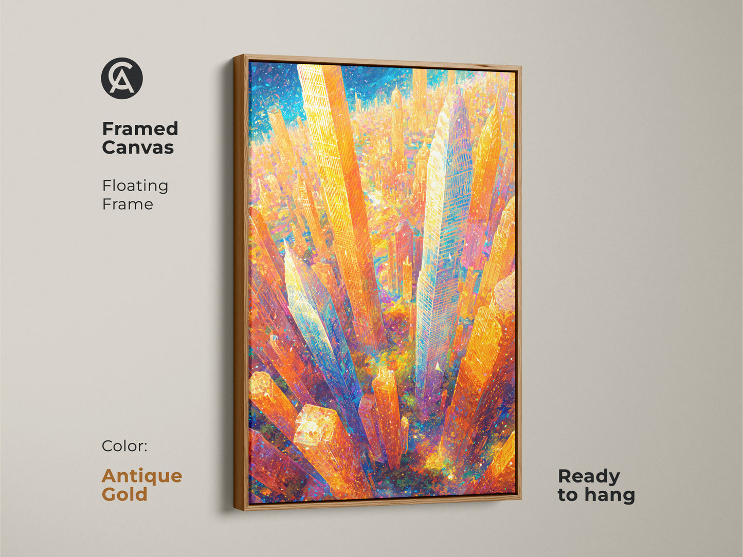 Displayed is a framed canvas print of a colorful cityscape artwork. An antique gold floating frame highlights the artwork. The ready-to-hang piece offers a stylish urban art accent.