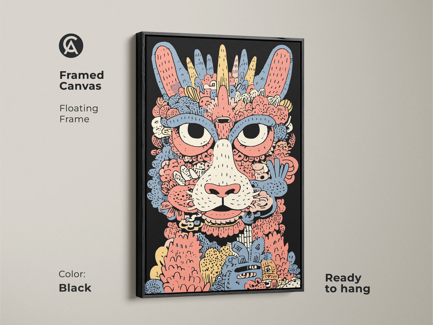 Framed canvas of an abstract cat monster. This eclectic wall art features a black floating frame. The coral yellow and blue colors create a vibrant contrast. Ready to hang this artistic cat illustration is a unique bedroom art or office space decor.