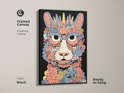 Framed canvas of an abstract cat monster. This eclectic wall art features a black floating frame. The coral yellow and blue colors create a vibrant contrast. Ready to hang this artistic cat illustration is a unique bedroom art or office space decor.