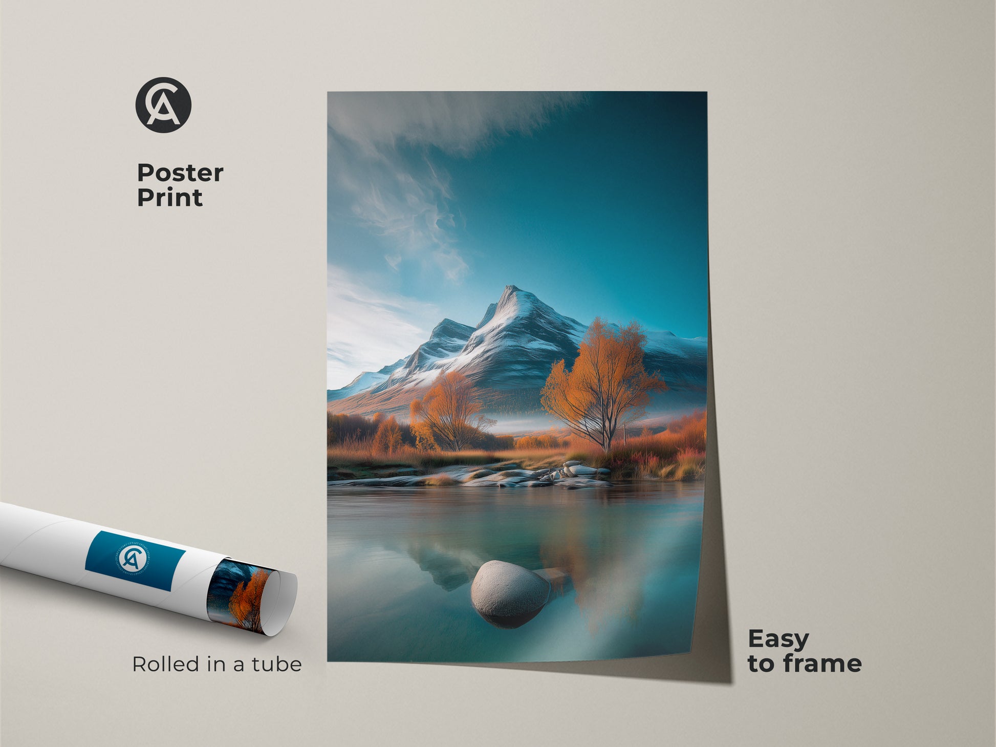 This poster print features a serene mountain river landscape. The teal blue and amber autumn trees create a peaceful scene. Rolled in a tube this nature artwork is easy to frame.