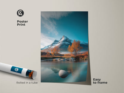 This poster print features a serene mountain river landscape. The teal blue and amber autumn trees create a peaceful scene. Rolled in a tube this nature artwork is easy to frame.