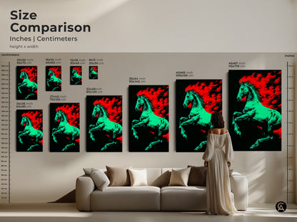 Size comparison of the green and red flaming horse artwork. Visualize the different sizes of this pop art horse canvas in inches and centimeters. Perfect for study room office workspace or as a horse lover gift.