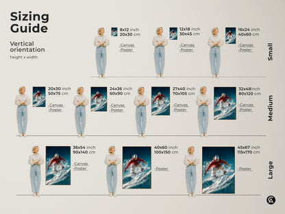 Find the perfect fit with our vertical orientation sizing guide for canvas and poster prints. Sizes range from small 8x12 inch to large 45x67 inch. Each artwork features a snowboarder in action. Transform your space with the ideal piece.