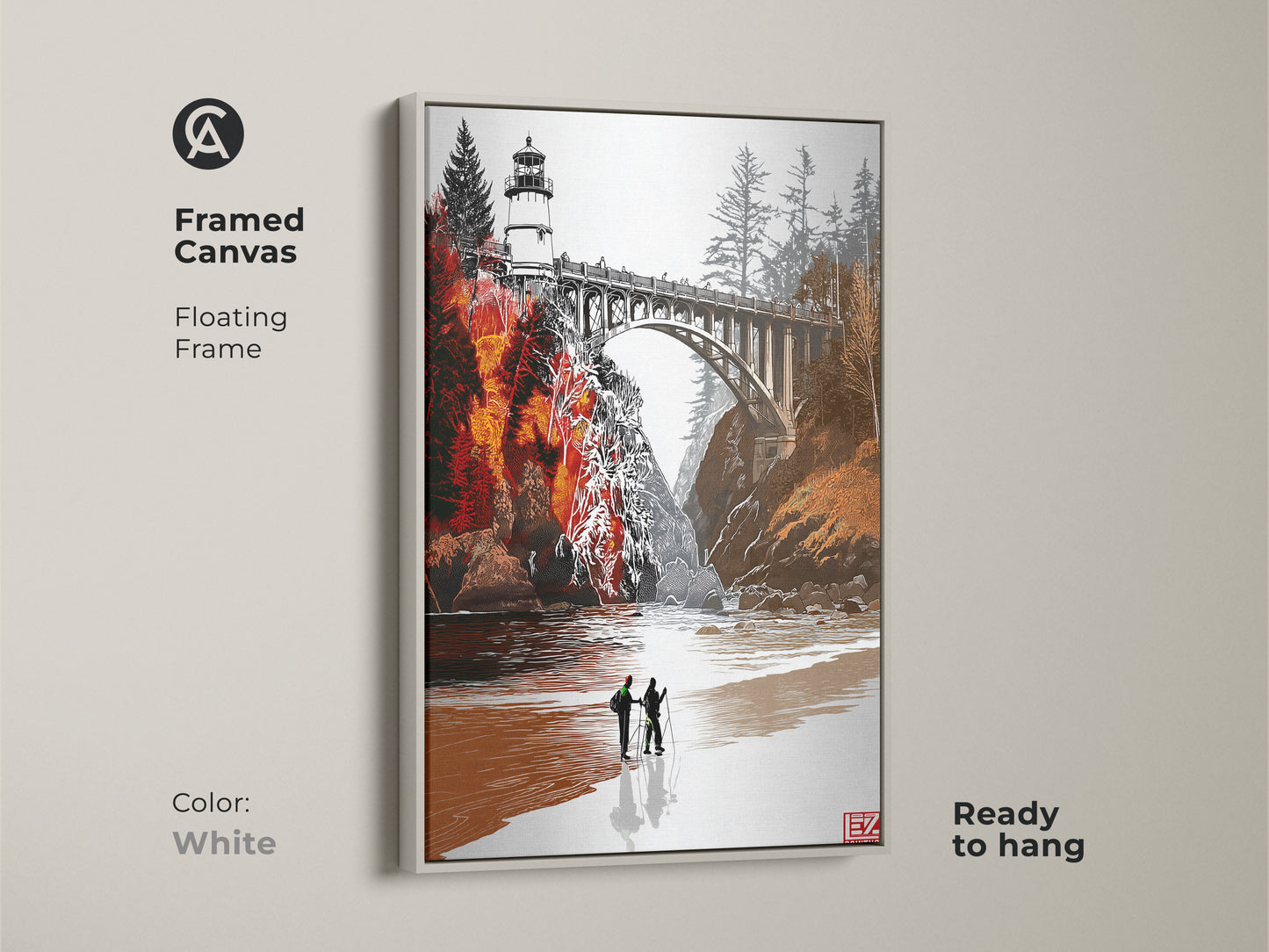 Framed canvas art print of a scenic lighthouse and bridge. This floating white frame highlights the orange red landscape. It is ready to hang. Coastal farmhouse decor with rustic charm is what this artwork brings. A thoughtful housewarming gift for travelers or anyone who loves unique prints.